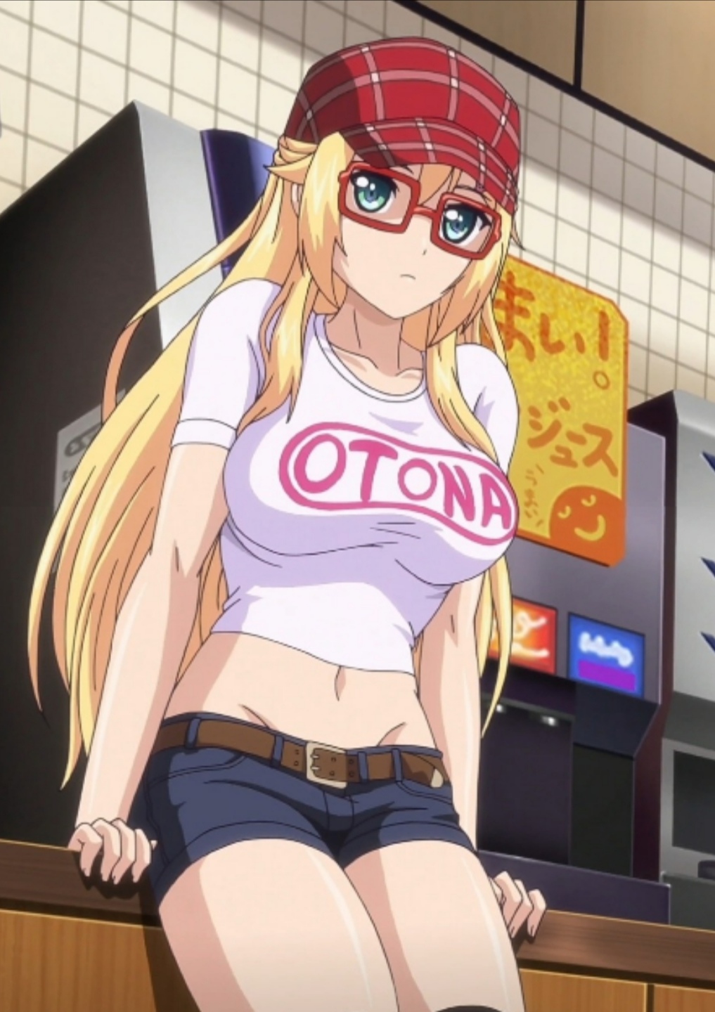 anime_screenshot belt blonde_hair brown_belt derivative_work glasses green_eyes hat highres long_hair mankitsu_happening mitsuki_otona pink_shirt red_hat screenshot_redraw shirt short_pants white_shirt