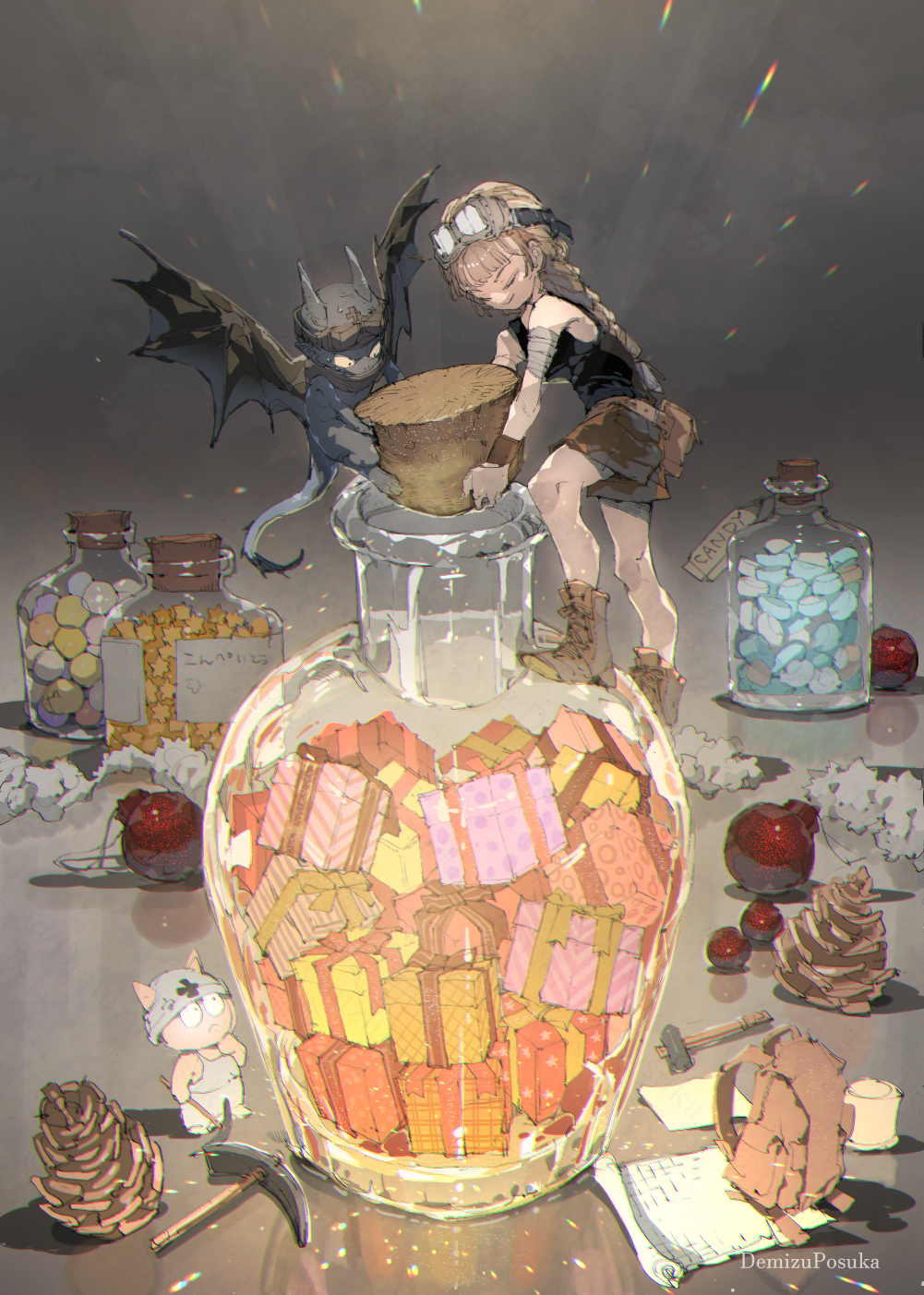 1girl backpack bag bandaged_arm bandages black_tank_top bottle brown_shorts christmas_tree_ornament closed_eyes closed_mouth cork corked_bottle creature demizu_posuka demon_horns demon_wings goggles goggles_on_head grey_hair hammer highres holding holding_pickaxe horns long_braid long_hair mining_helmet original pickaxe pinecone shorts sledgehammer tail tank_top wings