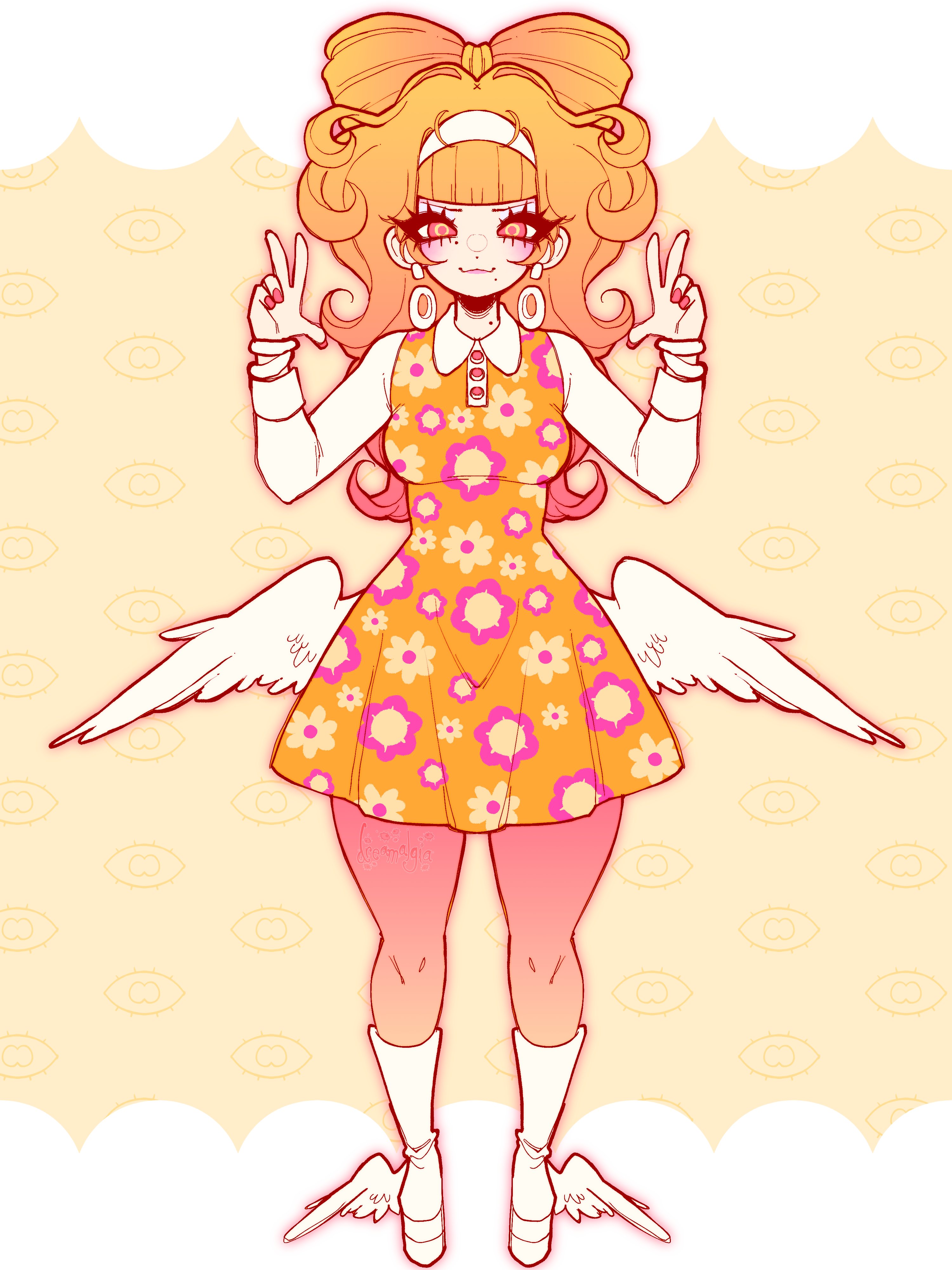 1girl absurdres angel_wings ankle_wings blunt_bangs blush boots bow-shaped_hair bracelet commission dreamalgia dress earrings eyelashes fingernails floral_print floral_print_dress go-go_boots hairband highres jewelry long_hair low_wings mod_fashion mole mole_under_mouth orange_hair original pale_skin pantyhose print_dress ringed_eyes smile v wings