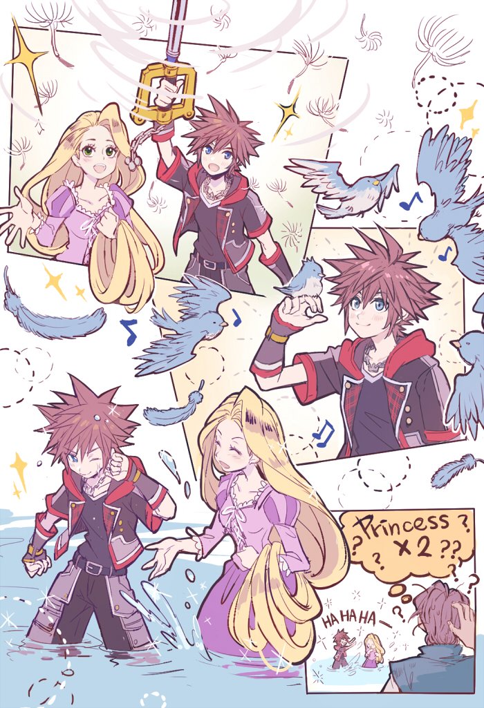 1girl 2boys ? bird bird_on_hand blonde_hair blue_bird blue_eyes breasts brown_hair chain chain_necklace closed_eyes dandelion_seed dress falling_feathers feathers flynn_rider hair_between_eyes holding holding_weapon hood hood_down hooded_jacket jacket jewelry juliet_sleeves keyblade kingdom_hearts kingdom_hearts_iii long_hair long_sleeves medium_breasts multiple_boys musical_note necklace one_eye_closed open_mouth parted_bangs partially_submerged puffy_sleeves purple_dress rapunzel_(disney) scratching_head short_hair short_sleeves smile sora_(kingdom_hearts) sparkle spiked_hair splashing tangled very_long_hair water weapon yurichi_(artist)