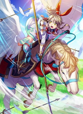 1girl arrow_(projectile) blush boots brown_hair emma_(fire_emblem) female_focus fire_emblem fire_emblem_cipher fire_emblem_echoes:_shadows_of_valentia gloves lowres naginata nintendo open_mouth pegasus pegasus_knight_uniform_(fire_emblem) polearm solo weapon yellow_eyes