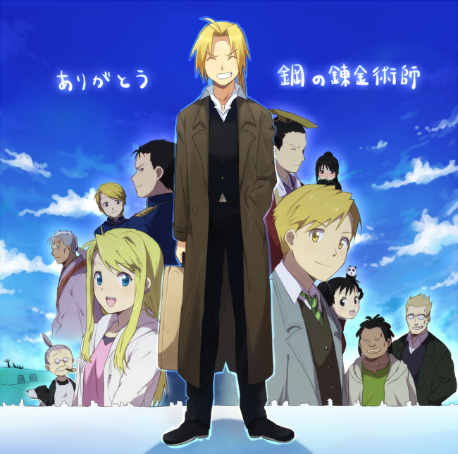 00s alphonse_elric black_eyes black_hair blonde_hair blue_eyes blue_sky brown_eyes closed_eyes cloud dark_skin den_(fma) earrings edward_elric fullmetal_alchemist glasses jacket jerso_(fma) jewelry lan_fan ling_yao long_hair may_chang military military_uniform necktie open_mouth pinako_rockbell ponytail riru riza_hawkeye roy_mustang scar scar_(fma) short_hair sky smile smoking_pipe suitcase winry_rockbell xiao-mei yellow_eyes zampano_(fma)