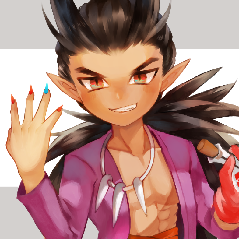 1boy abs blue_nails border bottle brown_hair collarbone dark-skinned_male dark_skin dragon_quest dragon_quest_builders_2 fingernails gloves grey_border grin hair_horns high-waist_pants holding holding_bottle hotaro_(bread_fusa) jewelry looking_at_viewer low_ponytail male_focus multicolored_nails muscular muscular_male nail_polish necklace open_clothes open_shirt orange_pants pants pointy_ears ponytail purple_shirt red_eyes red_gloves red_nails sharp_fingernails shirt sidoh_(dqb2) single_glove smile solo spiked_hair tooth_necklace upper_body white_background