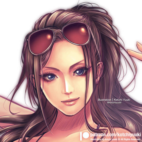 1girl artist_name black_hair blue_eyes close-up closed_mouth extra_arms eyelashes eyewear_on_head hana_hana_no_mi high_ponytail kotchi_yuuki looking_at_viewer nico_robin nico_robin_(dressrosa) one_piece ponytail sidelocks simple_background smile solo white_background