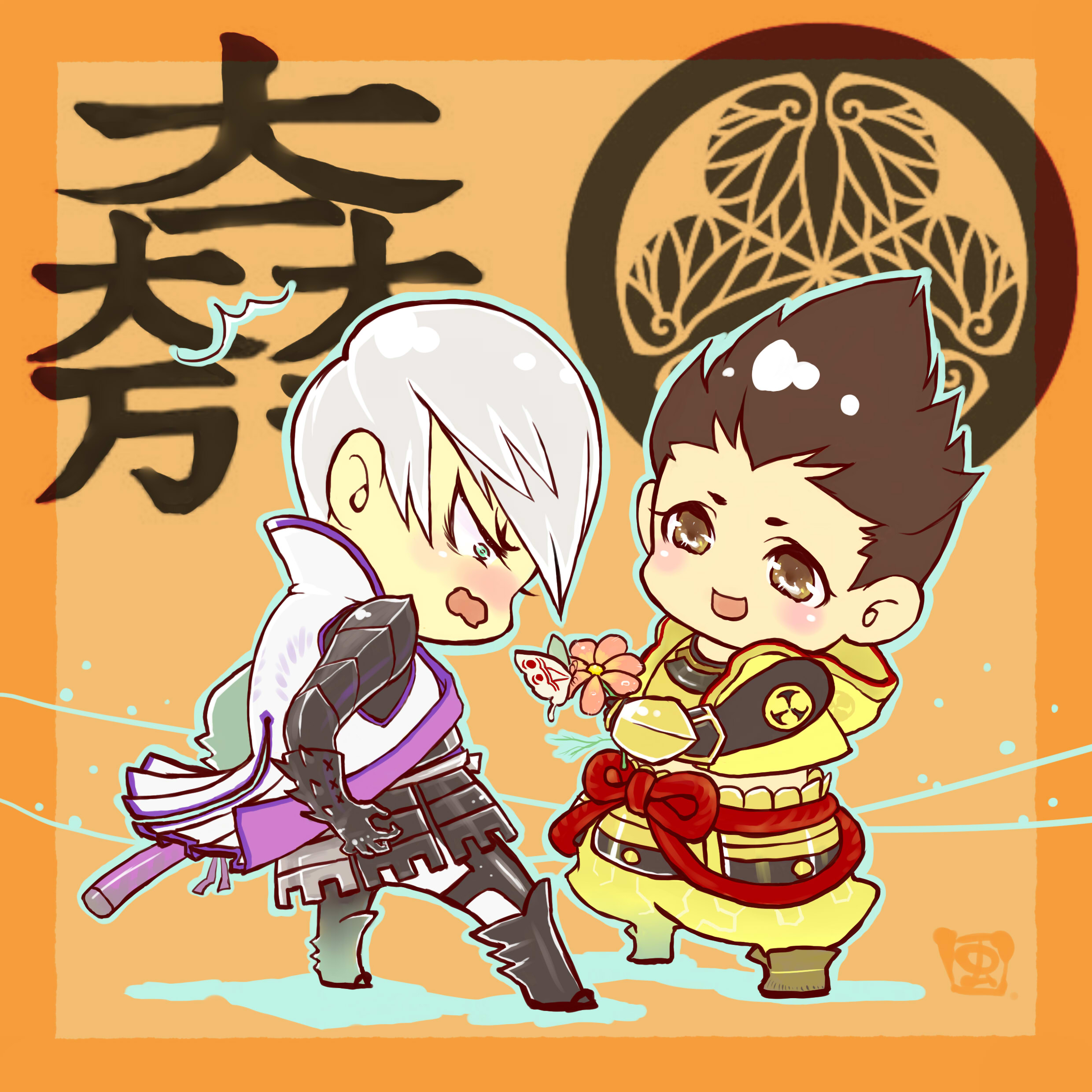 2boys :d absurdres blush brown_eyes brown_hair bug butterfly chibi chibi_only cropped_jacket flower green_eyes grey_hair highres holding holding_flower insect ishida_mitsunari_(sengoku_basara) jacket jinbaori male_focus midriff multiple_boys mushimegane333 open_mouth orange_background sengoku_basara short_hair smile surprised tokugawa_ieyasu_(sengoku_basara) wavy_mouth yaoi yellow_jacket