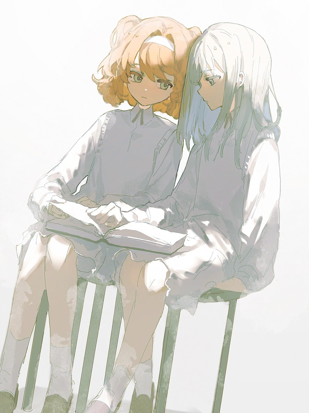 2girls aged_down book braid closed_mouth collared_dress commentary dress expressionless green_eyes grey_eyes hairband highres holding holding_book long_hair long_sleeves multiple_girls no_aid orange_hair parted_lips profile reading reverse:1999 side_braid sitting socks sonetto_(reverse:1999) stool turning_page two_side_up vertin_(reverse:1999) white_dress white_hairband white_socks