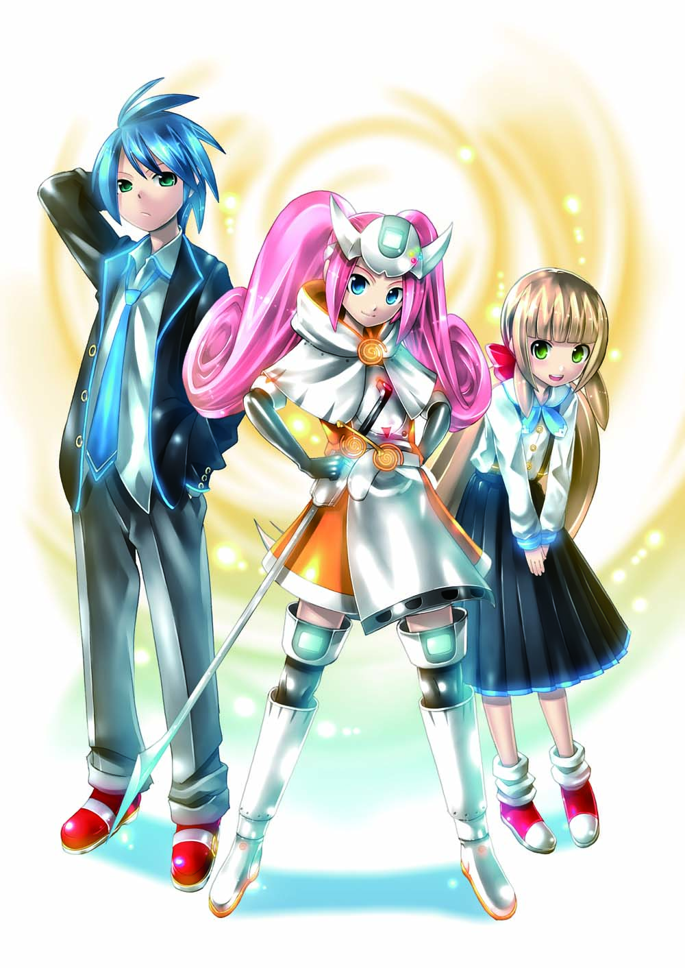 1boy 2girls blue_eyes blue_hair boots forehead_protector game_console green_eyes highres kei_(keigarou) knee_boots long_skirt loose_necktie magical_girl multiple_girls necktie personification pink_hair school_uniform sega sega_dreamcast sega_dreamcast_(sega_hard_girls) sega_hard_girls skirt sword thighhighs twintails v_arms weapon