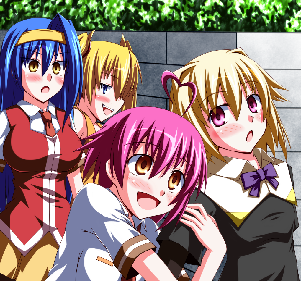 4girls ahoge aino_heart arcana_heart arm_hug blonde_hair blue_eyes blue_hair breasts brown_eyes heart heart_ahoge large_breasts lilica_felchenerow long_hair multiple_girls necktie open_mouth pink_hair purple_eyes school_uniform short_hair skirt small_breasts smile surprised tsuzura_saki twintails yellow_eyes
