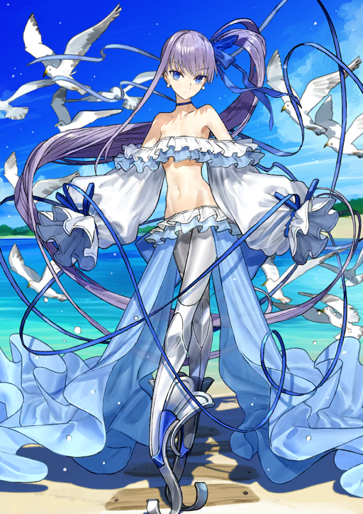 1girl absurdly_long_hair animal bare_shoulders beach bikini bird bird_request blue_background blue_bow blue_choker blue_eyes blue_ribbon blue_skirt blue_sky bow breasts choker closed_mouth collarbone crossed_legs detached_sleeves earrings expressionless fate/grand_order fate_(series) floating_hair full_body game_cg grey_leggings groin hair_bow high_side_ponytail jewelry leggings long_hair long_ribbon long_sidelocks long_skirt long_sleeves looking_at_viewer lowleg lowleg_bikini meltryllis meltryllis_(fate) meltryllis_(swimsuit_lancer)_(fate) meltryllis_(swimsuit_lancer)_(third_ascension)_(fate) ocean off-shoulder_bikini off_shoulder official_art prosthesis prosthetic_leg puffy_long_sleeves puffy_sleeves purple_hair ribbon ruffle_bikini sand showgirl_skirt sidelocks single_hair_intake single_sidelock skirt sky sleeves_past_fingers sleeves_past_wrists solo sphere_earrings standing stomach swimsuit third-party_source variant_set very_long_hair wada_arco white_bikini white_bird white_sleeves