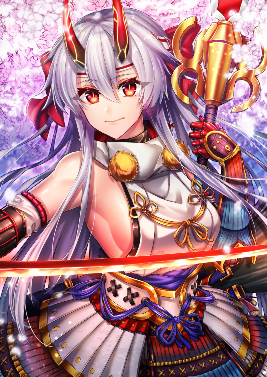 armpits bow breasts fate/grand_order fate_(series) gauntlets hair_bow highres holding holding_weapon horns kamuinii looking_at_viewer sideboob sword tomoe_gozen_(fate) weapon