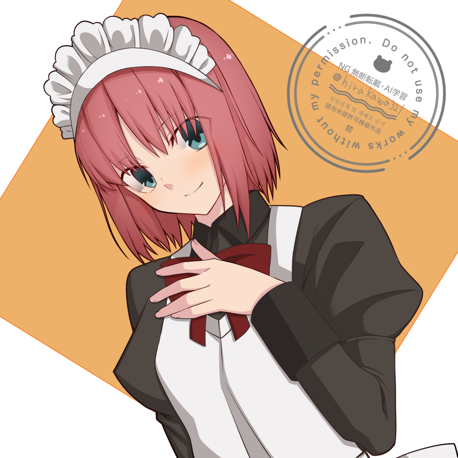 1girl apron black_dress blue_eyes dress hirakawa hisui_(tsukihime) maid maid_headdress pink_hair short_hair simple_background solo tsukihime upper_body watermark white_apron