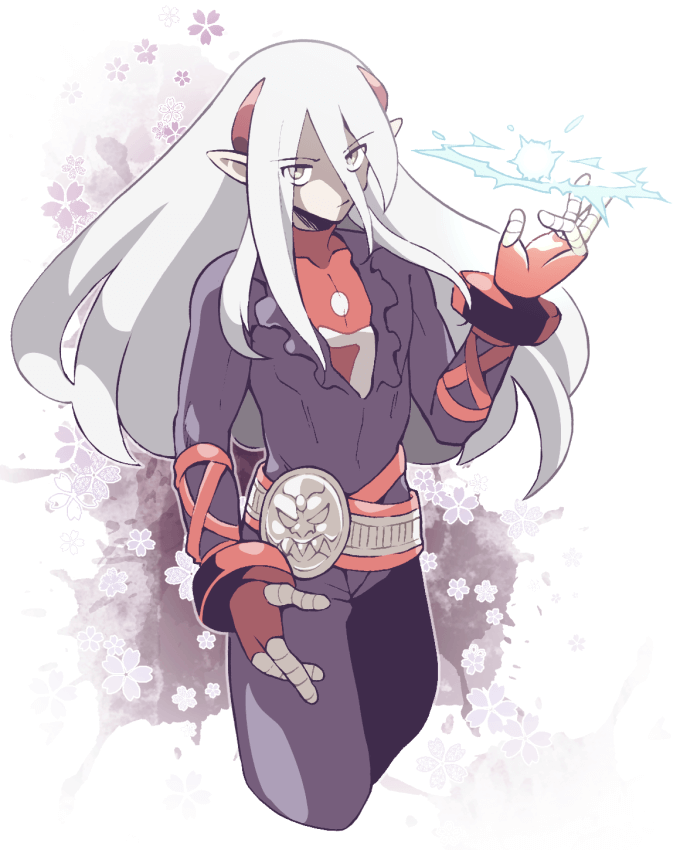 1boy belt breath_of_fire breath_of_fire_iv closed_mouth floral_background fou-lu gloves horns long_hair looking_at_viewer male_focus minashirazu pointy_ears solo white_hair