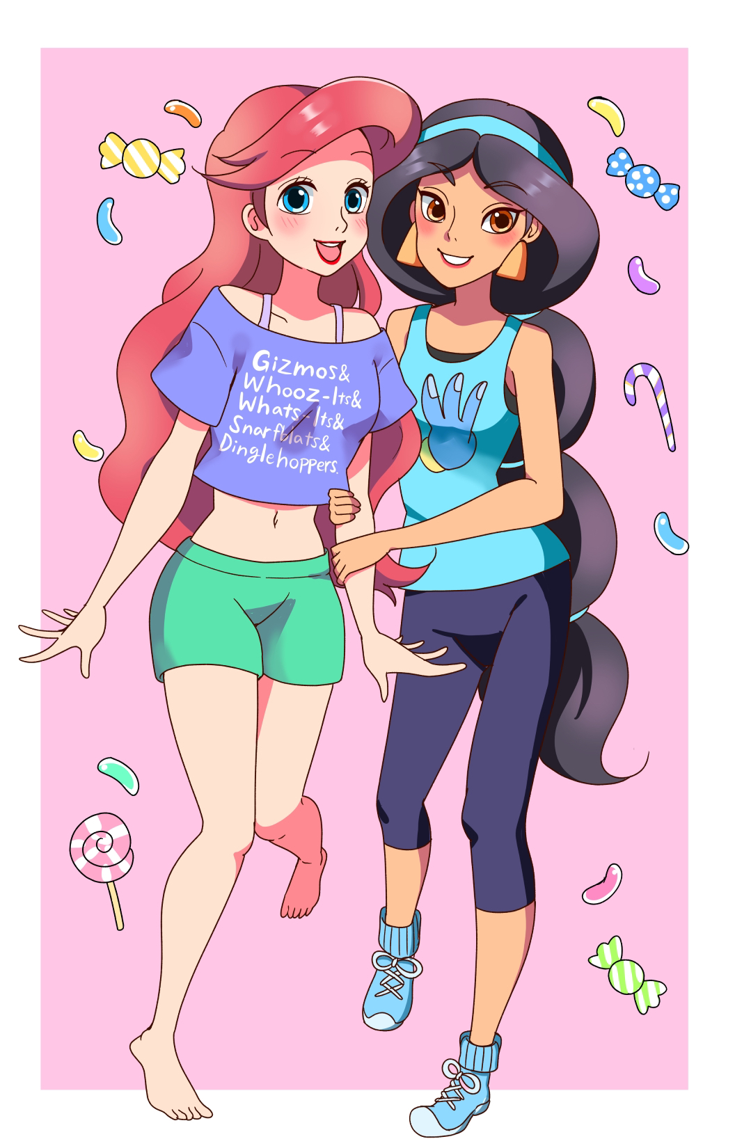 2girls :d aladdin_(movie) alice_(pixiv80284903) ariel_(disney) bare_legs barefoot black_pants blue_eyes blue_footwear blue_hairband blue_tank_top blush border candy candy_cane candy_wrapper clothes_writing cropped_shirt danish_text dark-skinned_female dark_skin disney disney_princess earrings food full_body green_shorts grin hairband highres holding_another&#039;s_arm jasmine_(disney) jewelry leg_up lollipop long_hair looking_ahead looking_at_viewer loungewear midriff multi-tied_hair multiple_girls off-shoulder_shirt off_shoulder open_mouth pants parted_bangs pink_background purple_shirt red_hair red_lips shirt shoes short_shorts short_sleeves shorts simple_background smile sneakers spaghetti_strap spread_fingers swirl_lollipop tank_top teeth the_little_mermaid_(disney) triangle_earrings very_long_hair white_border wreck-it_ralph