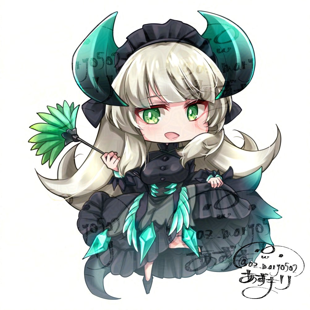1girl az_(colorb05) black_dress black_horns blonde_hair chibi clothes_lift dragon_girl dragon_horns dragon_tail dragon_wings dress dress_lift duel_monster duster feather_duster green_eyes green_horns horns long_hair low_wings maid maid_headdress missing_commentary simple_background solo tail white_background wings yu-gi-oh!