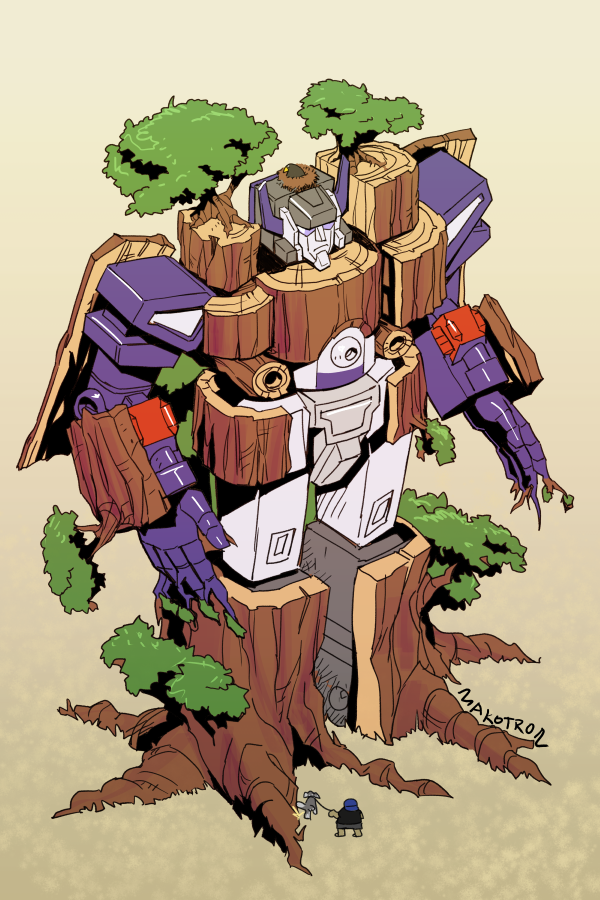 1boy artist_name autobot backwards_hat baseball_cap bird blue_eyes blue_headwear brown_background dog fortress_maximus hat looking_ahead makoto_ono mecha nest open_hands pun robot science_fiction transformers tree