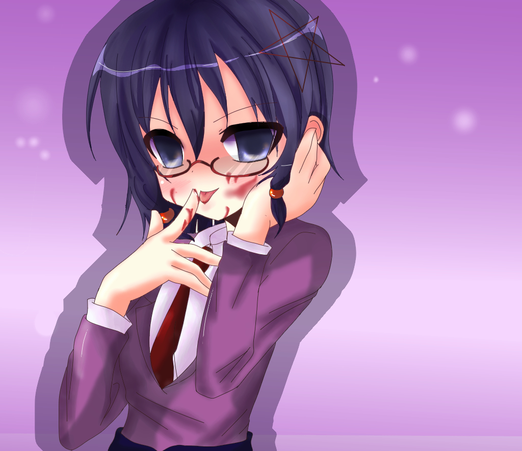 1girl blood blood_on_face blood_on_hands corpse_party female_focus finger_to_mouth glasses hair_ornament necktie purple_eyes purple_hair saenoki_naho school_uniform short_hair solo tongue tounyo yandere yandere_no_onna_no_ko_ni_shinu_hodo_aisarete_nemurenai_cd