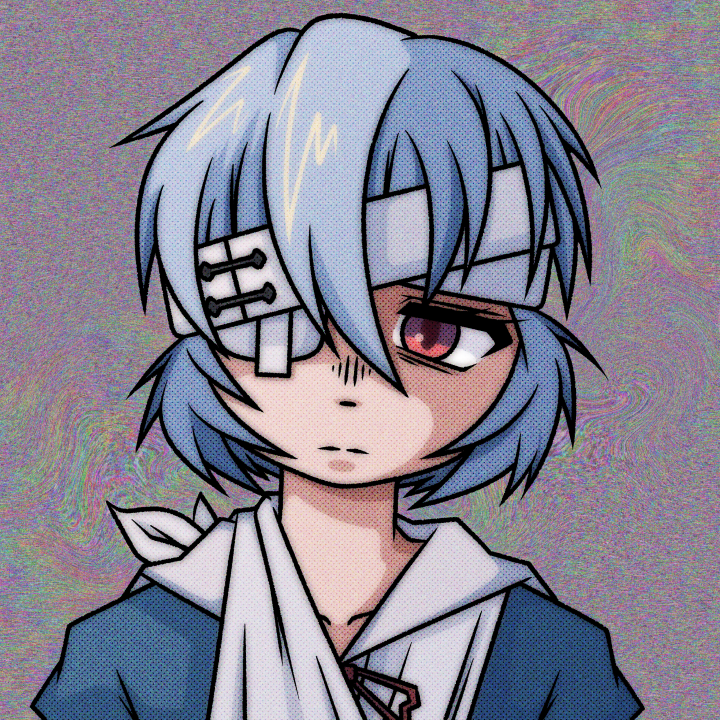 1girl abstract_background arm_sling ayanami_rei blue_hair blue_shirt closed_mouth cryptidhermit expressionless eyelashes eyepatch grey_background hair_between_eyes looking_at_viewer medical_eyepatch neon_genesis_evangelion red_eyes shirt short_hair solo split_mouth upper_body