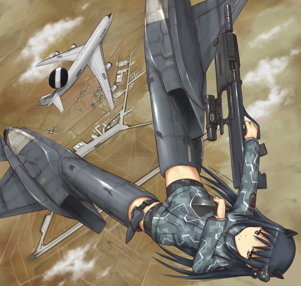 1girl airborne_early_warning_and_control aircraft airplane animal_ears assault_rifle bike_shorts black_hair boeing_e-3 boeing_e-3_sentry bullpup camouflage desert digital_camouflage e-3_sentry f-15 f-15_eagle female_focus flying grey_eyes gun jet knife military_base original rifle solo strike_witches striker_unit tom-neko_(zamudo_akiyuki) weapon world_witches_series