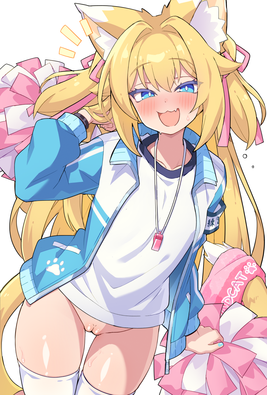 1girl :3 animal_ears arm_up armband blonde_hair blue_armband blue_eyes blush bottomless bright_pupils cat_ears cat_girl cat_tail colored_eyelashes cowboy_shot dot_nose fang gym_shirt gym_uniform hair_ribbon hand_in_own_hair highres holding holding_pom_poms jacket long_hair long_sleeves looking_at_viewer notice_lines open_clothes open_jacket open_mouth original paw_print pink_ribbon pom_pom_(cheerleading) pom_poms pussy ribbon shirt skin_fang solo sweat tail thighhighs towel track_jacket ug_(nekonekodou) variant_set whistle whistle_around_neck white_background white_pupils white_shirt white_thighhighs