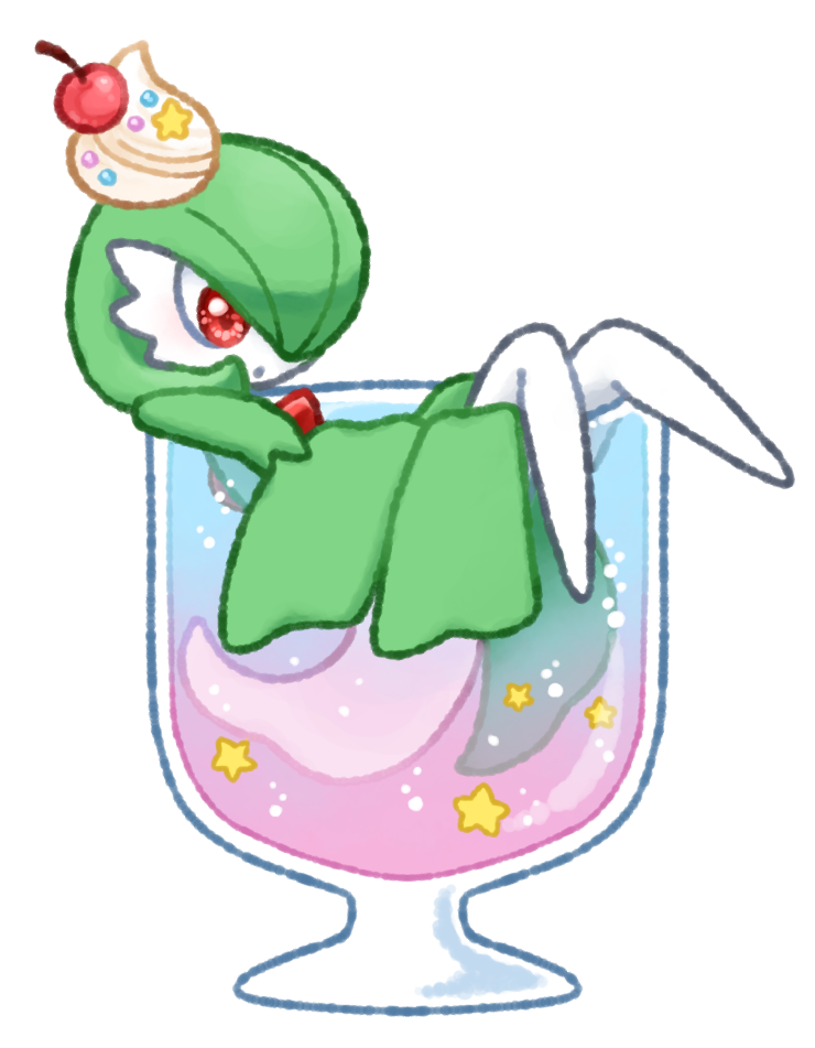 1girl blush bob_cut cherry colored_skin cream creatures_(company) cup drink drinking_glass female_focus food food_focus food_on_head from_side fruit full_body game_freak gardevoir gen_3_pokemon green_hair green_skin hair_over_one_eye in_food legs light_blush muguet multicolored_skin nintendo no_feet object_on_head one_eye_covered open_mouth partially_submerged pokemon pokemon_(creature) red_eyes short_hair simple_background solo star_(symbol) two-tone_skin white_background white_skin