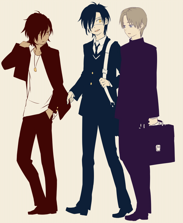 3boys aged_down bag black_bag black_hair black_jacket blonde_hair blue_eyes blue_hair dark-skinned_male dark_skin eyepatch full_body gakuran heshikiri_hasebe jacket jewelry leuco looking_at_another male_focus multiple_boys necklace necktie ookurikara school_bag school_uniform shirt shokudaikiri_mitsutada simple_background touken_ranbu vest white_shirt yellow_eyes