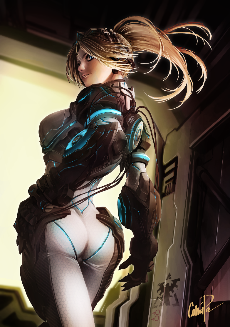 1girl armor ass blonde_hair bodysuit female_focus from_behind ghost_(starcraft) goggles goggles_on_head hand_on_own_hip neon_trim nova_(starcraft) paolo_antonio_aguasin power_armor solo starcraft terran