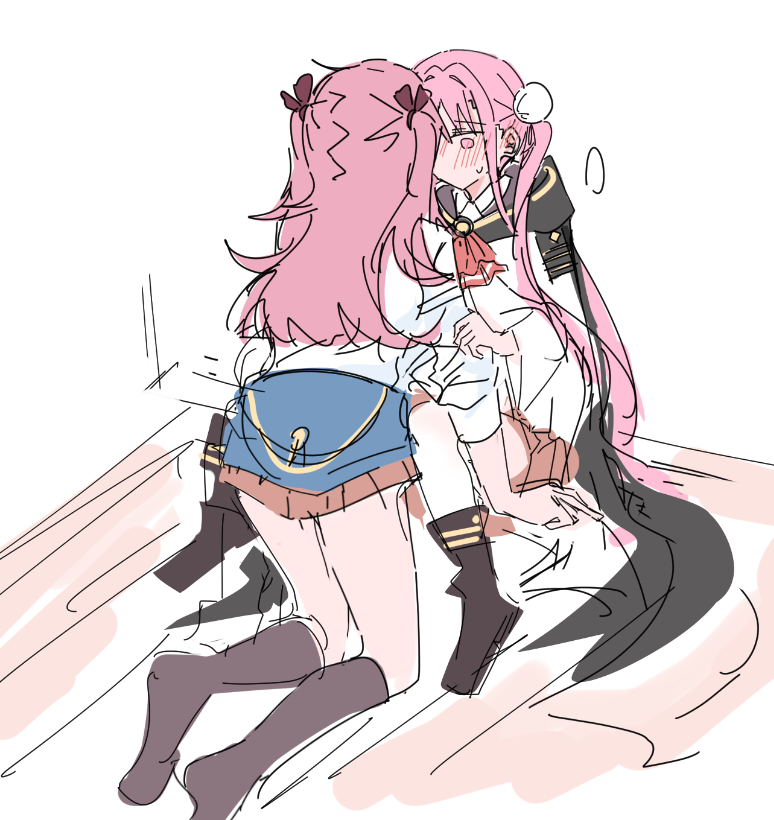 2girls aikawa_megumi double_bun hair_bun heaven_burns_red kunimi_tama long_hair long_sleeves multiple_girls pink_eyes pink_hair rantan_0925 shirt two_side_up white_shirt