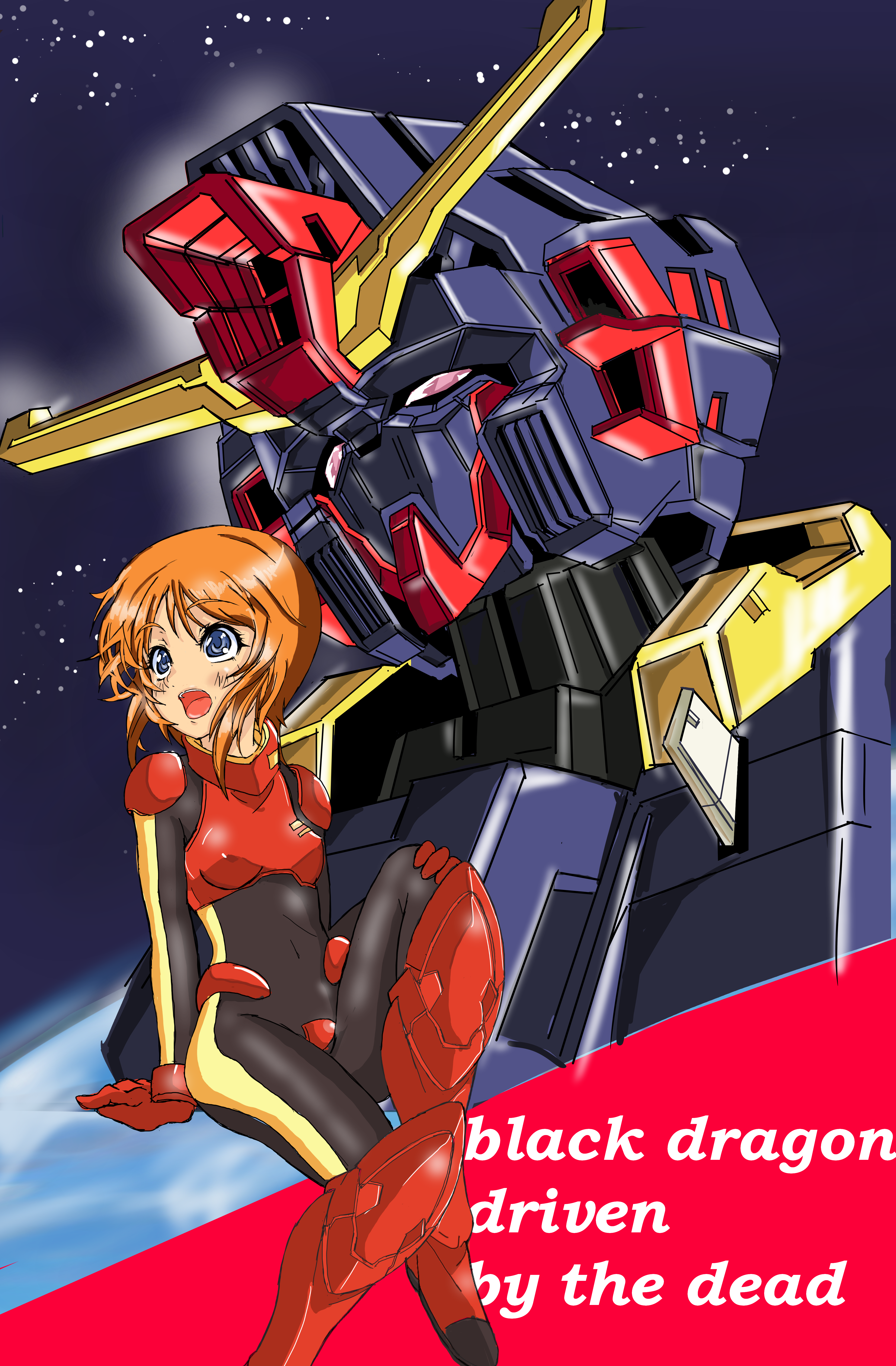 1girl absurdres armor black_bodysuit blue_eyes bodysuit boots breastplate breasts covered_erect_nipples english_text gloves gundam gundam_zz head_tilt highres huo_ji_wu invisible_chair mecha mecha_pilot_suit normal_suit_(gundam) open_mouth orange_hair pink_eyes psycho_gundam_mk_ii puru_two red_footwear red_gloves robot sitting small_breasts space