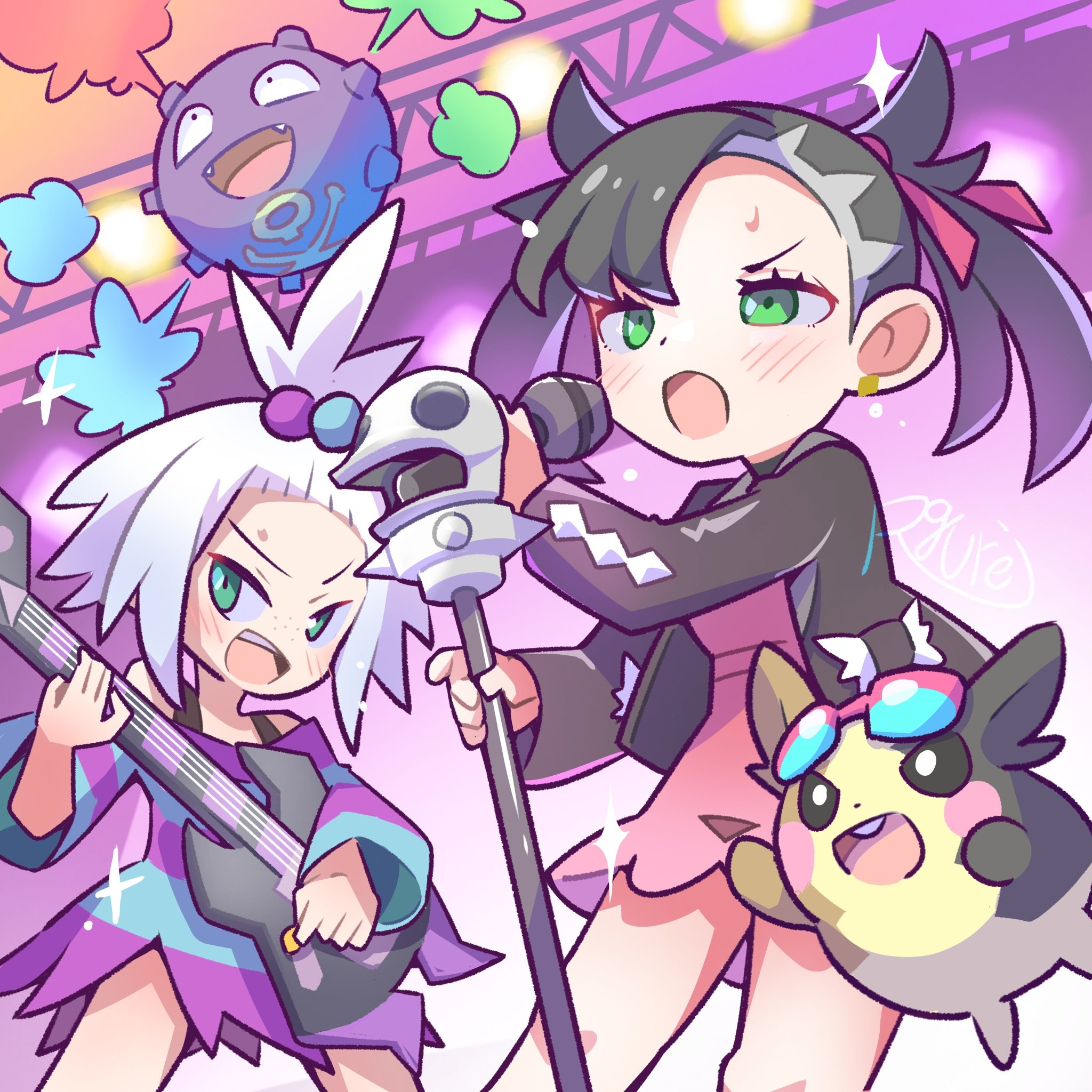 2girls black_hair black_jacket blue_dress blue_eyes blush dress freckles gen_1_pokemon gen_8_pokemon green_eyes guitar highres holding holding_guitar holding_instrument holding_microphone holding_plectrum instrument jacket koffing marnie_(pokemon) microphone morpeko morpeko_(full) multiple_girls nintendo open_clothes open_jacket open_mouth pink_dress playing_guitar playing_instrument plectrum pokemon pokemon_(creature) pokemon_bw2 pokemon_swsh purple_dress rgurei0529 roxie_(pokemon) two-tone_dress white_hair