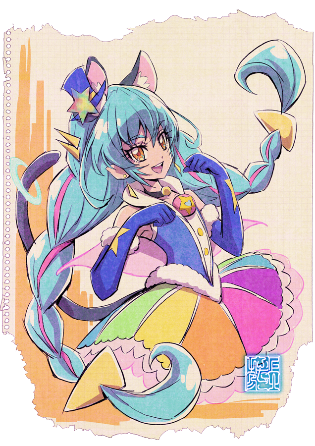 1girl animal_ears aqua_hair artist_logo black_choker blue_gloves blue_shirt braid cat_ears cat_tail choker commentary commentary_request cure_cosmo dress earrings elbow_gloves english_commentary extra_ears eyelashes gloves graph_paper hair_ornament happy jewelry kamikita_futago logo long_hair looking_at_viewer magical_girl mixed-language_commentary multicolored_hair multicolored_skirt official_art paper_background pink_hair pointy_ears precure shirt skirt sleeveless sleeveless_shirt smile solo standing star_twinkle_precure streaked_hair tail twin_braids twintails two-tone_hair upper_body watercolor_background yuni_(precure)