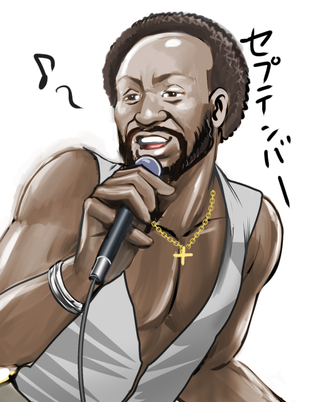 1boy black_hair brown_eyes commentary dark-skinned_male dark_skin earth_wind_&amp;_fire_(band) holding holding_microphone male_focus mature_male maurice_white microphone misogram musical_note open_mouth portrait solo spoken_musical_note very_dark_skin white_background