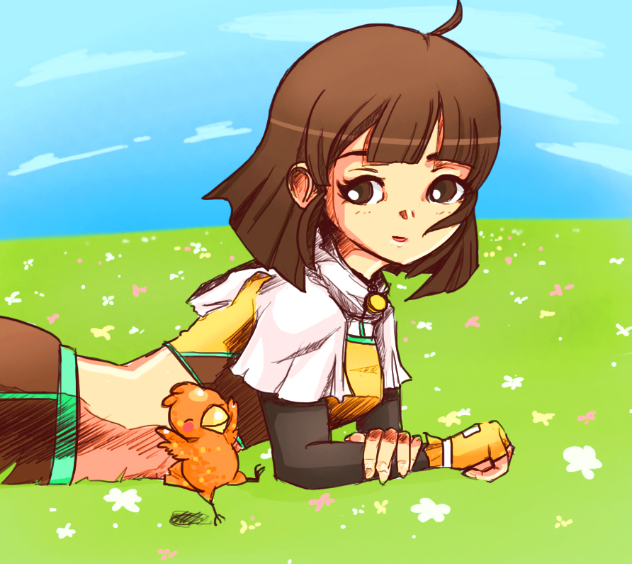 1girl ahoge baby_animal bird black_gloves bob_cut breasts brown_eyes brown_gloves brown_hair brown_shirt brown_skirt chick commentary cropped_jacket elbow_gloves english_commentary field fingerless_gloves flower flower_field gloves grass hunter_(ragnarok_online) jacket looking_at_viewer lying midriff on_stomach open_mouth pickacolour picky_(ragnarok_online) ragnarok_online shirt short_hair short_sleeves skirt small_breasts smile solo two-tone_gloves upper_body white_flower white_jacket