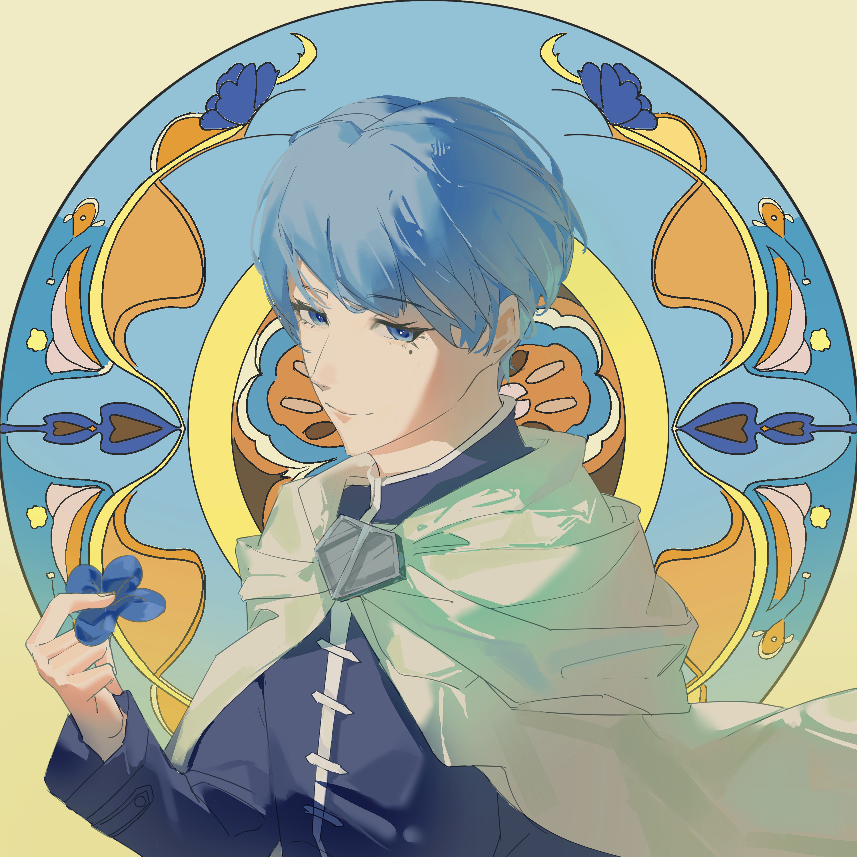1boy absurdres blue_background blue_eyes blue_flower blue_hair blue_tunic border brooch cloak closed_mouth eyelashes floating_cape flower high_collar highres himmel_(sousou_no_frieren) holding holding_flower hood hood_down hooded_cloak jewelry lips long_sleeves looking_at_viewer male_focus mole mole_under_eye outside_border pink_lips qin'ai_de_xiong_xiansheng round_border short_hair smile solo sousou_no_frieren stained_glass tunic two-tone_background upper_body white_cloak yellow_background
