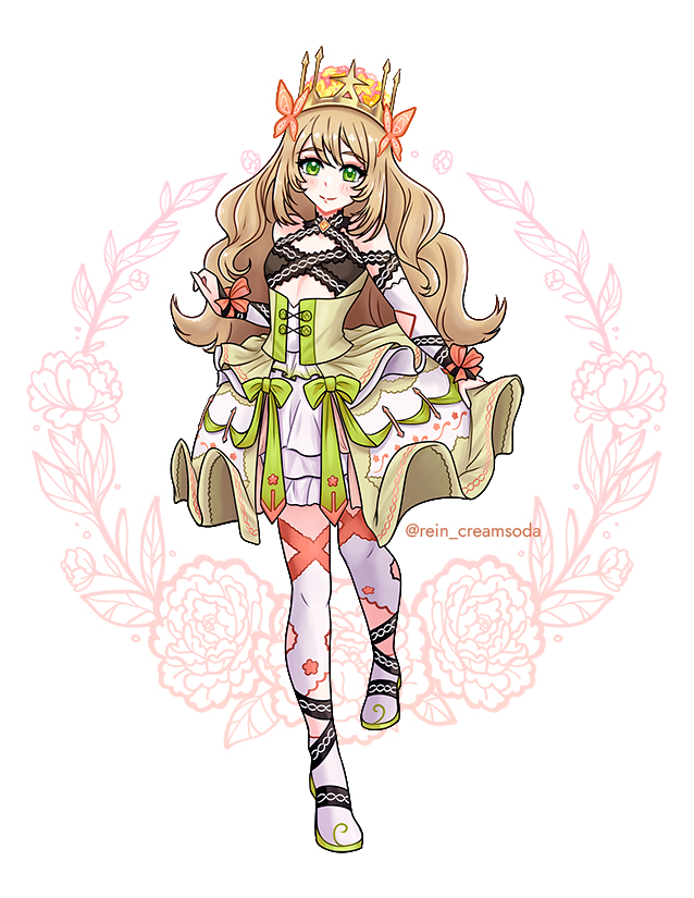 1girl alternate_hair_length alternate_hairstyle bow butterfly_hair_ornament celine_(fire_emblem) commission crown dress dress_bow fire_emblem fire_emblem_engage gem green_eyes hair_ornament nintendo orange_bow orange_gemstone orange_trim princess rein_creamsoda solo wrist_bow yellow_dress