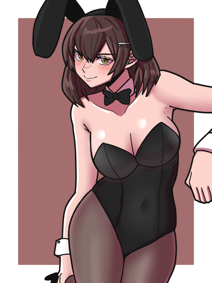 1girl animal_ears ankle_grab armpit_crease armpits black_bow black_bowtie black_leotard blush bow bowtie breasts brown_background brown_dust_(series) brown_dust_2 brown_eyes brown_hair brown_pantyhose cleavage closed_mouth collar covered_navel fake_animal_ears hair_between_eyes hair_ornament hairclip highres large_breasts leotard looking_at_viewer mnejing30 pantyhose playboy_bunny rabbit_ears scheherazade_(brown_dust) short_hair simple_background smile solo standing standing_on_one_leg white_collar white_wrist_cuffs wrist_cuffs