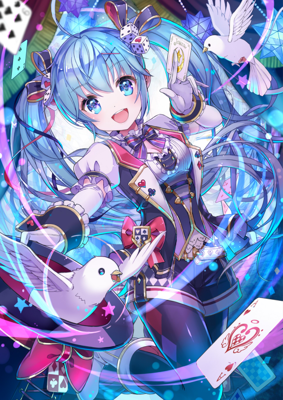 1girl :d ace_(playing_card) ahoge animal argyle_clothes argyle_pantyhose belt belt_buckle between_fingers bird black_bow black_hat black_jacket black_pantyhose black_ribbon black_shorts blue_eyes blue_hair boots bow bowtie breasts buckle card cleavage cleavage_cutout clothing_cutout club_(shape) clubs commentary curtains diamond_(shape) diamonds_(playing_card) dice_hair_ornament dove elbow_gloves female_focus floating_hair frilled_cuffs fringe_trim gloves hair_between_eyes hair_ornament hair_ribbon hand_up hat hat_ribbon hatsune_miku hatsune_miku_graphy_collection heart hearts_(playing_card) highres holding holding_card holding_unworn_clothes holding_unworn_hat jacket joker_(playing_card) knee_boots leg_up long_hair looking_at_viewer magic_trick magician motion_blur multicolored_ribbon open_clothes open_jacket open_mouth outstretched_arm pantyhose pink_ribbon playing_card prism puffy_short_sleeves puffy_sleeves red_ribbon ribbon sakura_shiori shiny_clothes short_sleeves shorts small_breasts small_stellated_dodecahedron smile solo spade spade_(shape) standing standing_on_one_leg star_(symbol) striped_bow striped_bowtie striped_clothes striped_neckwear top_hat twintails unworn_hat unworn_headwear very_long_hair vocaloid white_belt white_boots white_gloves wrist_cuffs x_hair_ornament