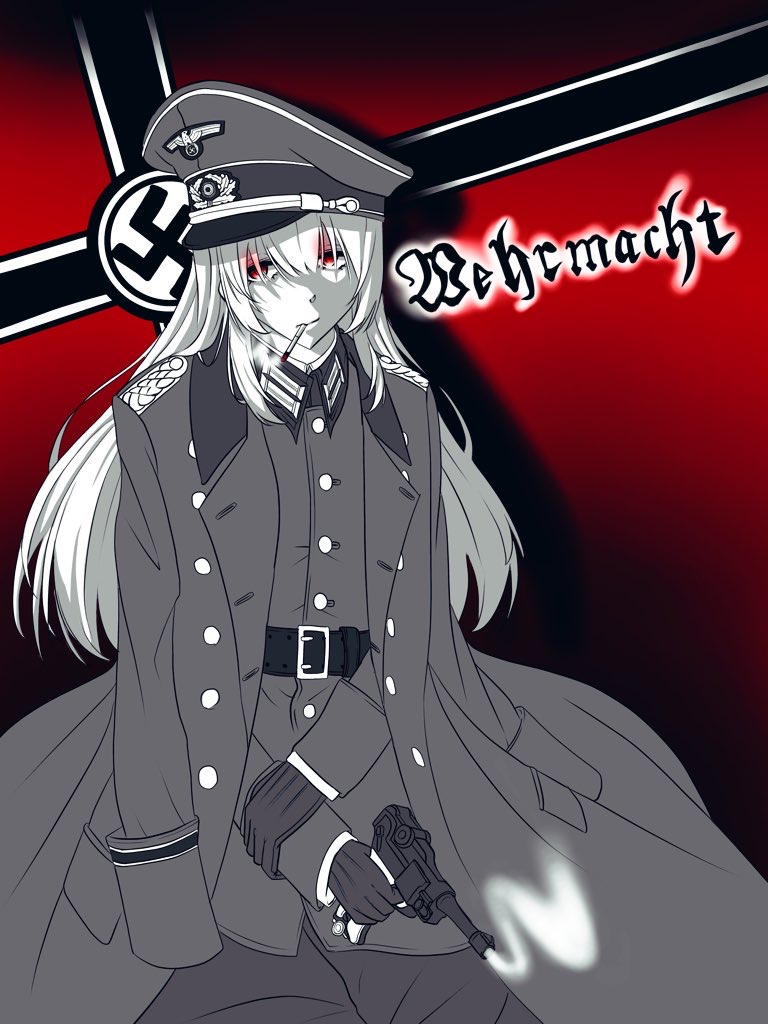1girl army black_gloves cigarette coat depressed drop_shadow epaulettes flugel_soutou_kakka german_text gloves grey_coat grey_hat grey_jacket grey_pants gun hair_over_one_eye hand_on_own_arm hand_on_own_wrist hat holding holding_gun holding_weapon invisible_chair jacket jacket_on_shoulders long_hair looking_to_the_side military_hat military_jacket military_uniform monochrome nazi nazi_flag open_clothes open_jacket original pants partially_colored red_background red_eyes reichsadler sitting sleeve_cuffs smoke smoking swastika unworn_jacket weapon wehrmacht white_hair