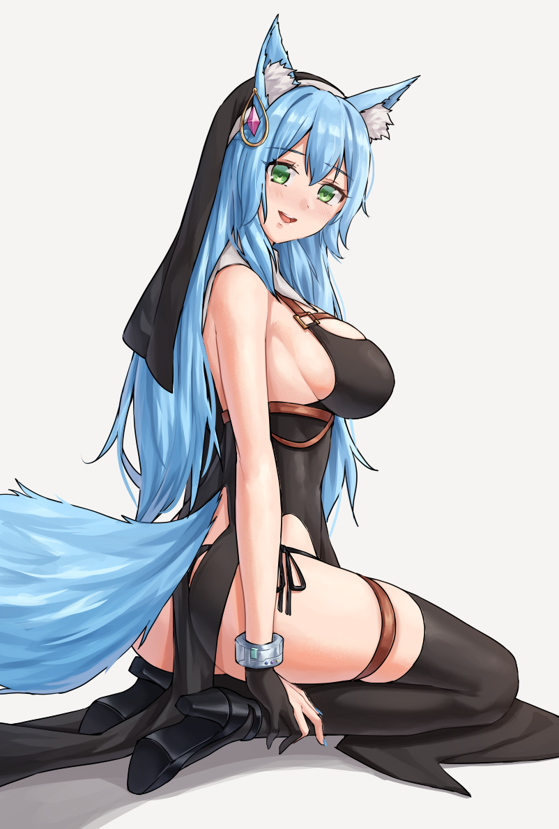 1girl :d animal_ear_fluff animal_ears ass bare_shoulders black_dress black_footwear black_gloves black_headwear black_thighhighs blue_hair blue_nails borrowed_character breasts commentary detached_collar dress english_commentary fox_ears fox_girl fox_tail full_body gloves green_eyes habit high_heels large_breasts long_hair looking_at_viewer looking_to_the_side nail_polish open_mouth original partially_fingerless_gloves pelvic_curtain sarhce seiza sideboob simple_background sister_reine_(foxyreine) sitting sleeveless sleeveless_dress smile solo tail teeth thigh_strap thighhighs upper_teeth_only white_background