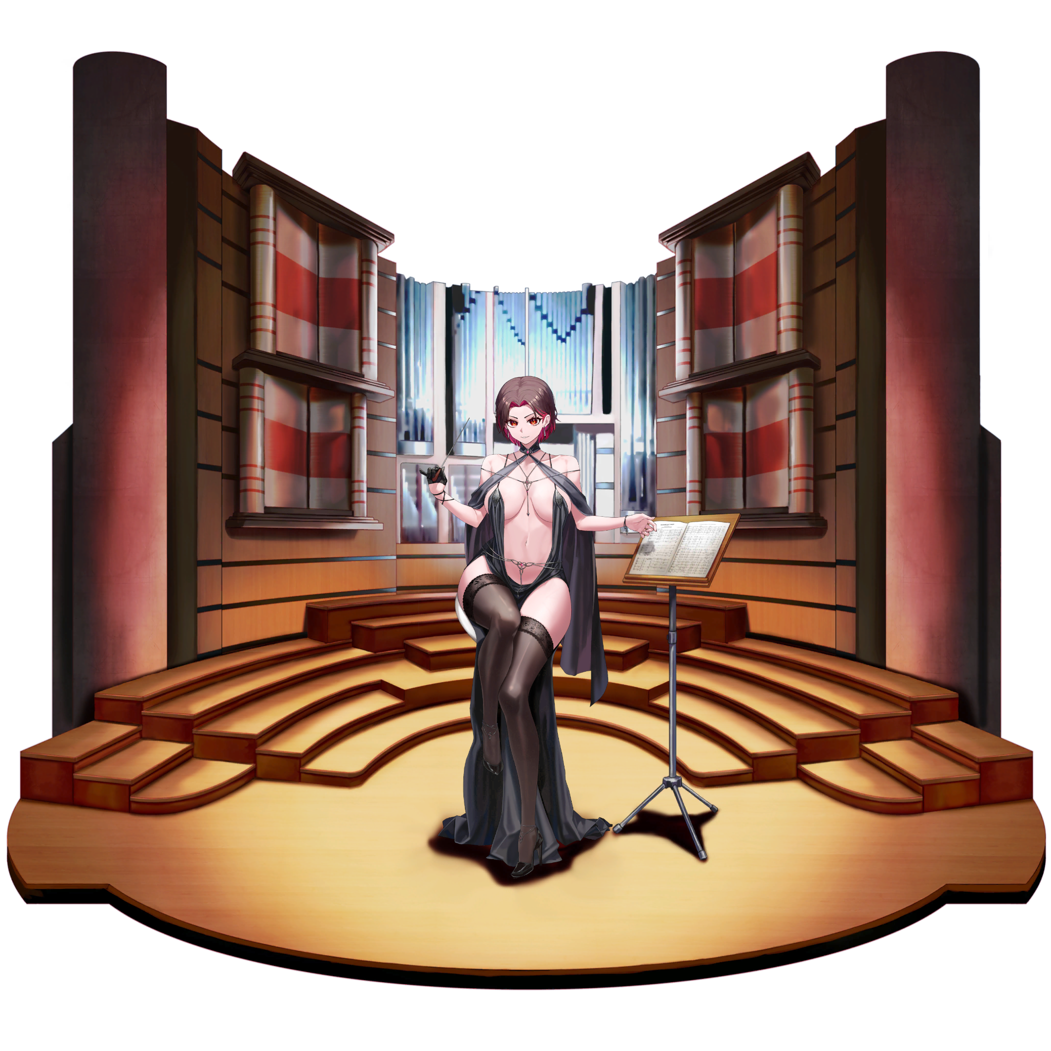 1girl anklet bare_shoulders belt between_breasts black_belt black_dress black_footwear black_gloves black_thighhighs bracelet breasts breasts_apart brown_hair collarbone colored_inner_hair column conductor conductor_baton d-log dress earrings evening_gown floral_print flower frills full_body gem gloves grey_shawl grin hair_intakes half_gloves high_heels highres holding_baton indoors instrument jewelry lace lace-trimmed_thighhighs lace_trim large_breasts last_origin linea_alba long_dress looking_at_viewer merlin_(last_origin) multicolored_hair music_stand navel no_bra official_alternate_costume official_art organ_(instrument) pelvic_curtain pillar plunging_neckline red_eyes red_flower red_gemstone red_hair red_rose revealing_clothes rose see-through_clothes see-through_shawl shawl sheet_music short_hair single_glove sitting slit_pupils smile solo stage stool tachi-e thighhighs third-party_source transparent_background two-tone_hair v-shaped_eyebrows wrist_straps