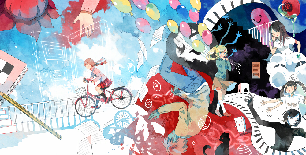 4girls balloon bicycle black_cat black_hair blonde_hair braid brown_hair cat colored_skin getiao green_skin hair_bobbles hair_ornament kasei-san kyukkyu-kun madotsuki monoe monoko multiple_girls notebook pencil piano_keys poniko sekomumasada_sensei shitaisan takofuusen tokuto-kun twin_braids uboa yume_nikki