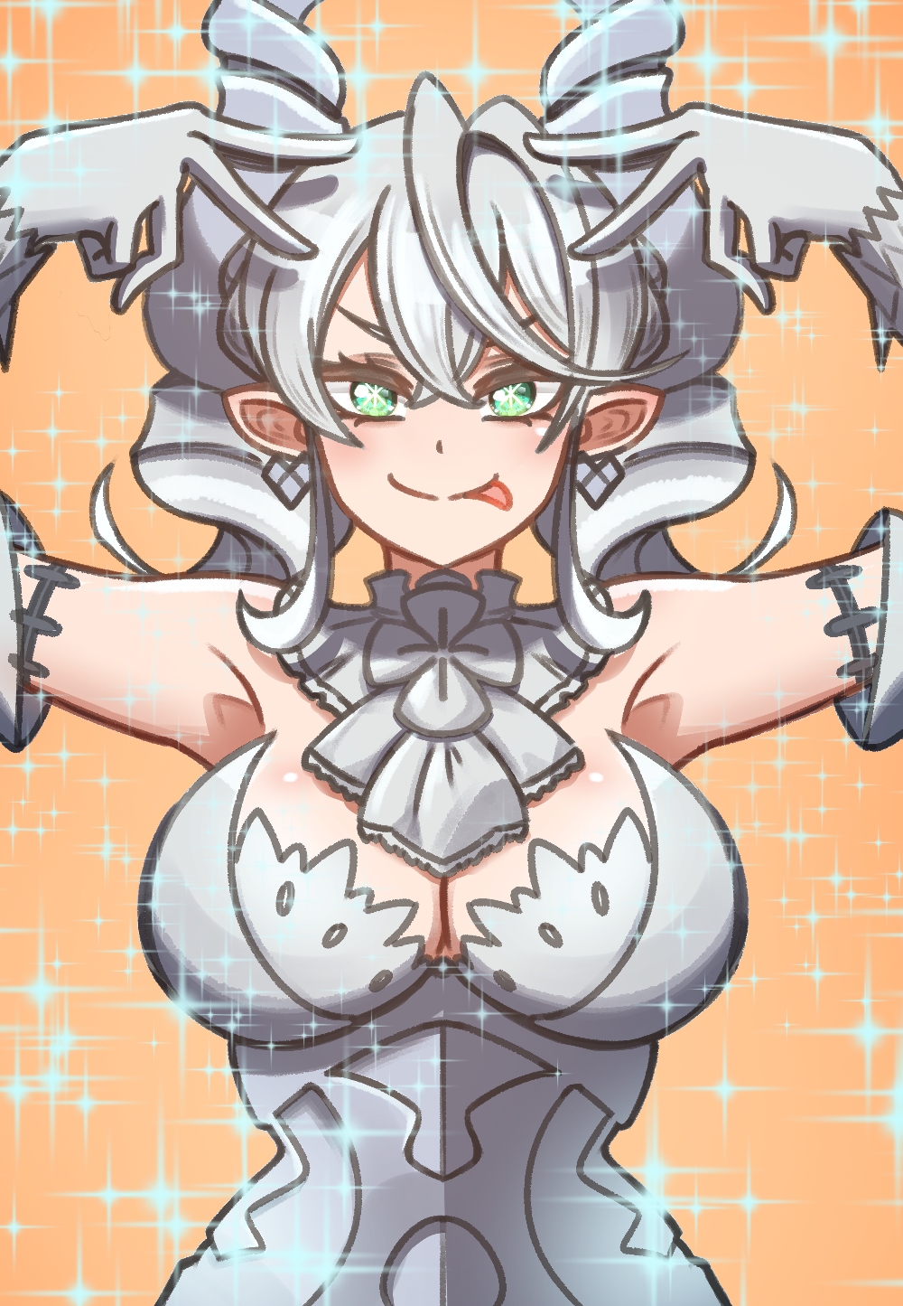1girl :p alternate_eye_color black.b blush breasts cleavage demon_girl demon_horns detached_collar earrings emotional_engine_-_full_drive gloves green_eyes hair_between_eyes highres horns hoshino_ai&#039;s_pose jewelry large_breasts looking_at_viewer lovely_labrynth_of_the_silver_castle medium_hair pointy_ears sidelocks solo sparkle sparkling_aura star-shaped_pupils star_(symbol) symbol-shaped_pupils tongue tongue_out twintails upper_body white_gloves white_hair yu-gi-oh!