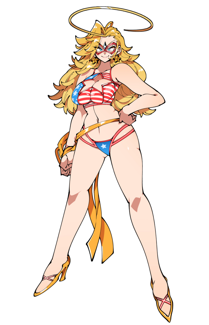 1girl american_flag american_flag_bikini american_flag_print arm_at_side bikini blonde_hair blue_eyes breasts cleavage cleavage_cutout closed_mouth clothing_cutout earrings eye_mask flag_print flag_print_bikini full_body hand_on_own_hip high_heels jewelry kafun kamen_america kamen_america_(comic) large_breasts long_hair looking_at_viewer navel print_bikini ribbon sandals simple_background smile solo star_(symbol) star_earrings swimsuit v-shaped_eyebrows white_background yellow_ribbon yellow_sandals