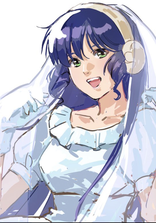 1girl blue_hair breasts bridal_veil bride brown_hairband choujikuu_yousai_macross dress frilled_dress frills gloves green_eyes hairband lynn_minmay macross medium_breasts nekkikamille open_mouth puffy_short_sleeves puffy_sleeves short_sleeves smile solo upper_body veil wedding_dress white_background white_dress white_gloves