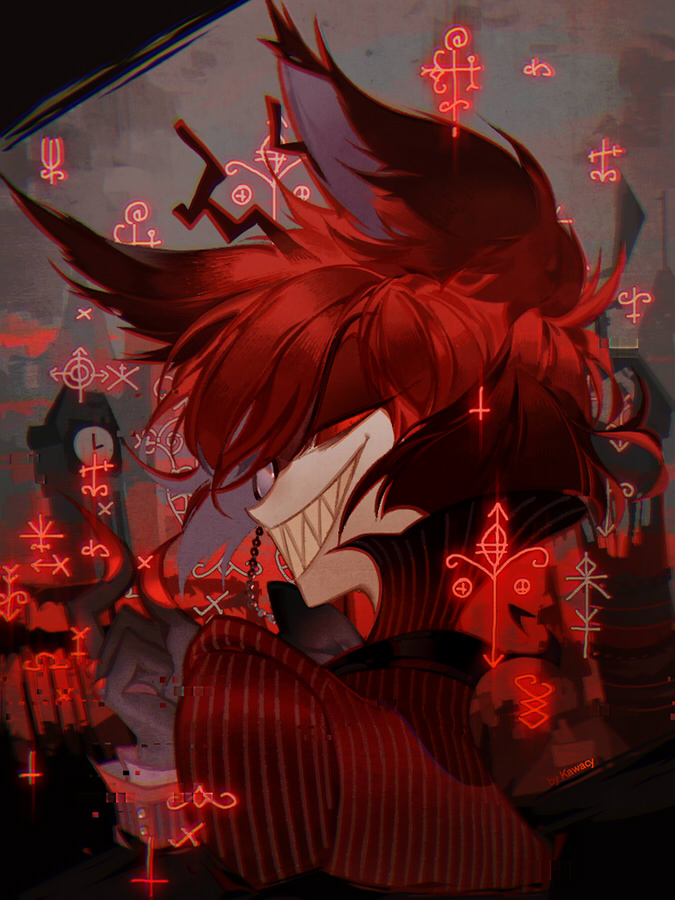 1boy alastor_(hazbin_hotel) antlers chromatic_aberration deer_antlers demon_boy evil_grin evil_smile from_side grin hazbin_hotel horns kawacy male_focus red_eyes red_hair sharp_teeth smile solo teeth
