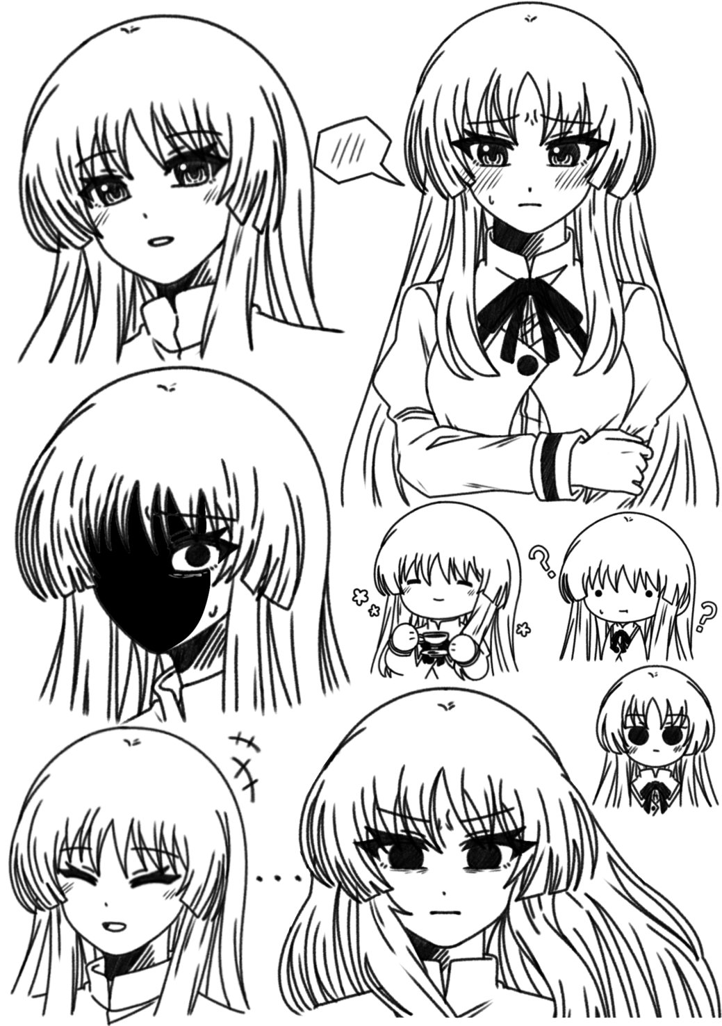 ... 1girl :| =_= ? ^^^ ^_^ arm_at_side assault_lily blush buttons chibi closed_eyes closed_mouth commentary cropped_jacket cropped_shoulders cropped_torso cup facing_viewer flower_symbol furrowed_brow greyscale hand_on_own_arm hand_up hands_up highres holding holding_cup holding_saucer juliet_sleeves light_smile long_hair long_sleeves looking_at_viewer monochrome multiple_views neck_ribbon no_pupils parted_lips puffy_sleeves raised_eyebrows ribbon saucer school_uniform shaded_face shirai_yuyu smile solid_circle_eyes spoken_blush sweatdrop teacup upper_body v-shaped_eyebrows yui_(yui1115_) yurigaoka_girls_academy_school_uniform