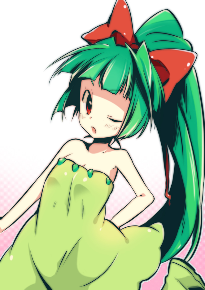 1girl arm_behind_back blush bow chikorita dress female_focus gen_2_pokemon gradient_background green_hair hair_bow long_hair nakamura_sandayo nintendo one_eye_closed personification pokemon ponytail red_eyes ribbon solo wink
