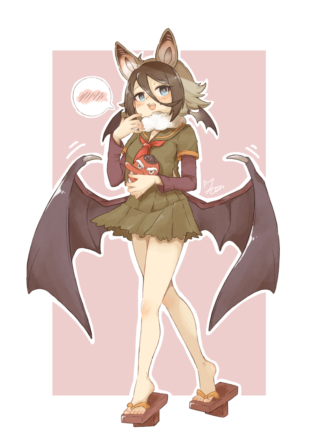 0nanaten 1girl animal_ears barefoot_sandals_(jewelry) bat_ears bat_girl bat_wings blue_eyes blush brown_hair commission full_body geta green_hair green_shirt green_skirt hair_between_eyes highres hilgendorf&#039;s_tube-nose_bat_(kemono_friends) kemono_friends long_sleeves mask multicolored_hair neckerchief open_mouth pleated_skirt red_neckerchief sailor_collar school_uniform serafuku shirt short_hair short_sleeves sidelocks skeb_commission skirt solo spoken_blush tengu-geta tengu_mask torn_clothes wings