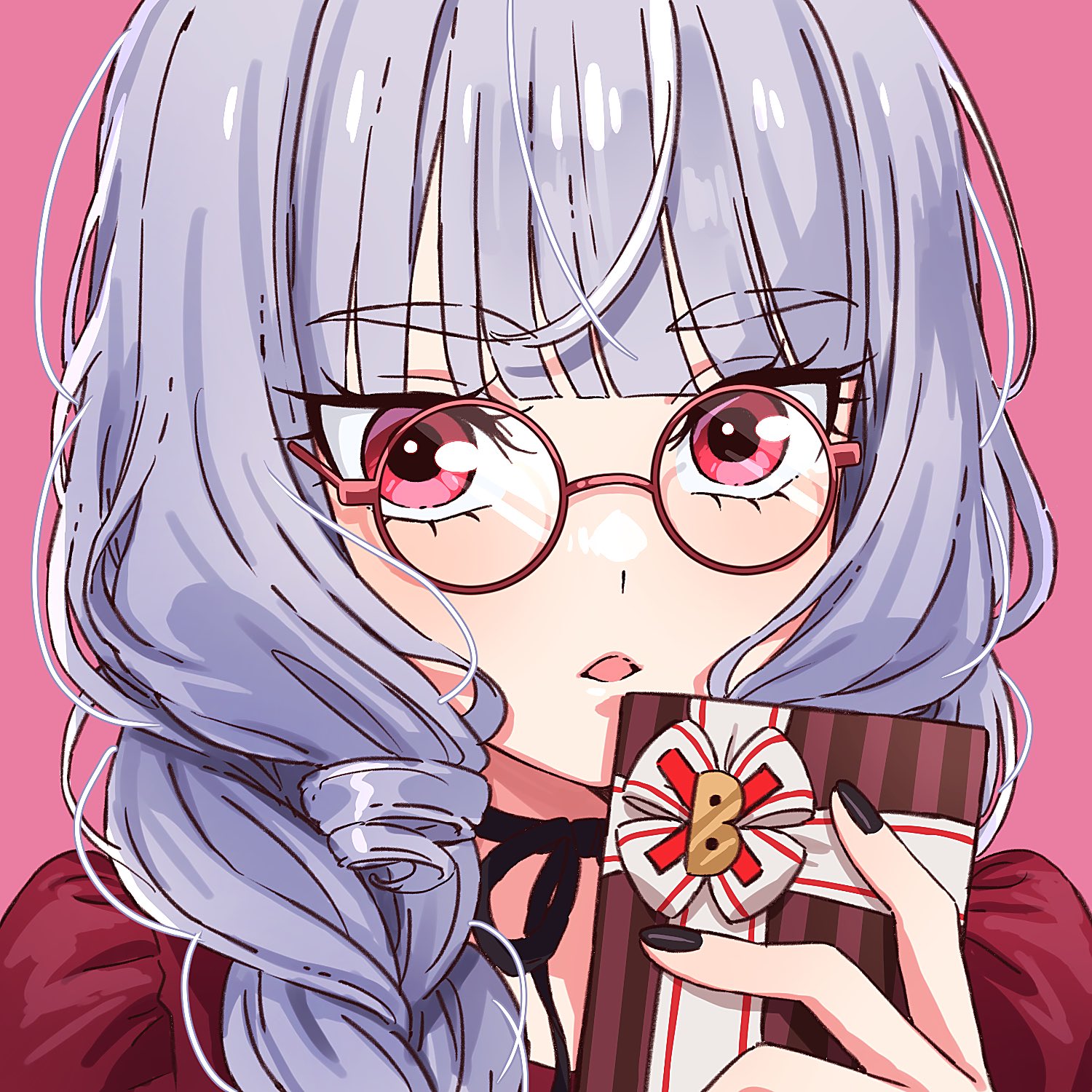 1girl black_nails blunt_bangs braid candy chocolate chocolate_bar choker delicious_party_precure eyelashes food gentlu_(precure) glasses grey_hair highres holding jitome kasai_amane long_hair looking_at_viewer nail_polish parted_lips pink_background portrait precure red-framed_eyewear red_eyes ribbon_choker ringlets round_eyewear sanpaku simple_background solo twin_braids yufu_kyouko