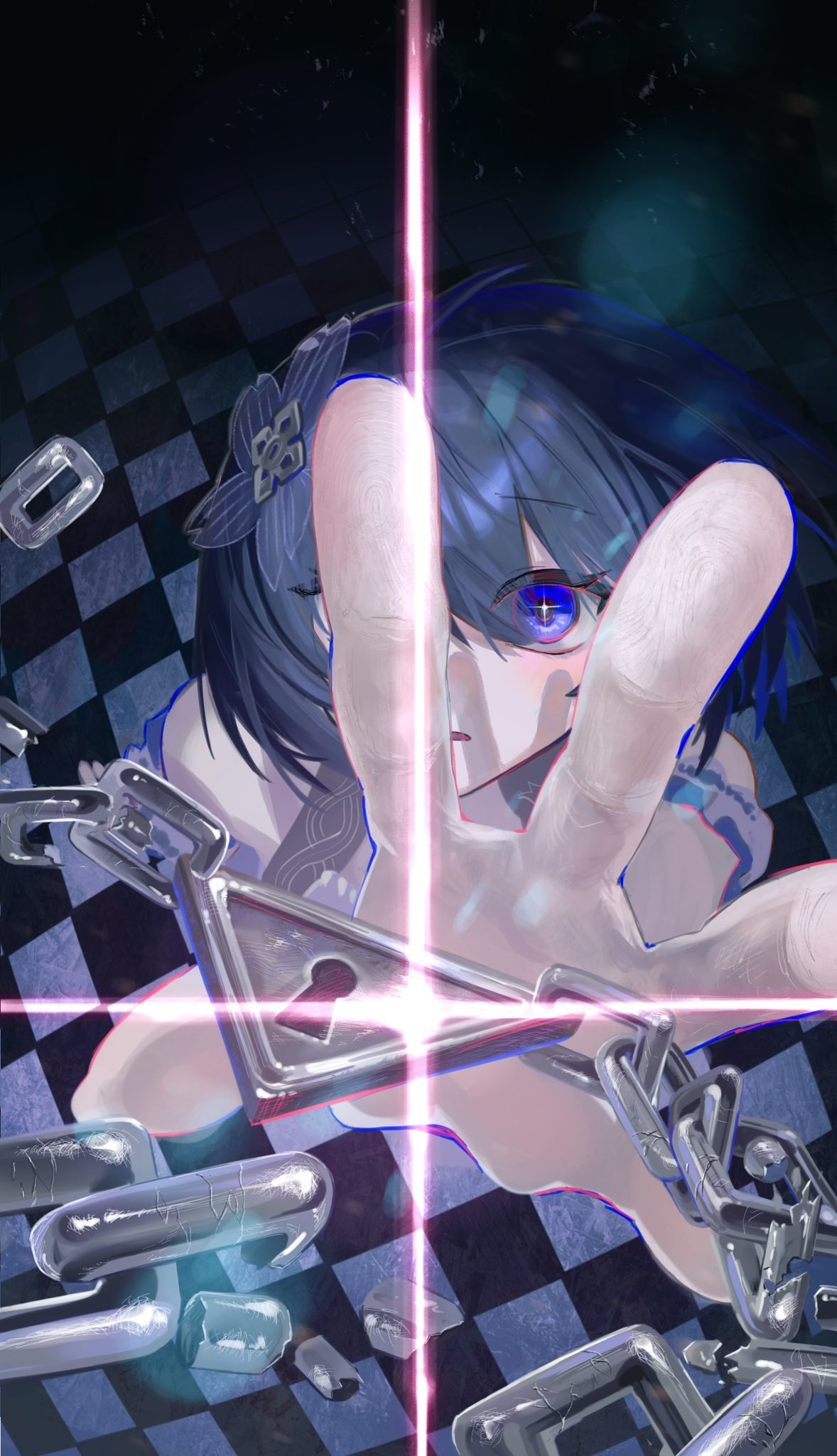 1girl blue_eyes blue_hair bob_cut chain checkered_floor dress duoyun_de_tiankong fingerprint from_above glowing highres honkai_(series) honkai_impact_3rd lock looking_at_viewer open_mouth outstretched_hand seele_vollerei seele_vollerei_(stygian_nymph) solo white_dress