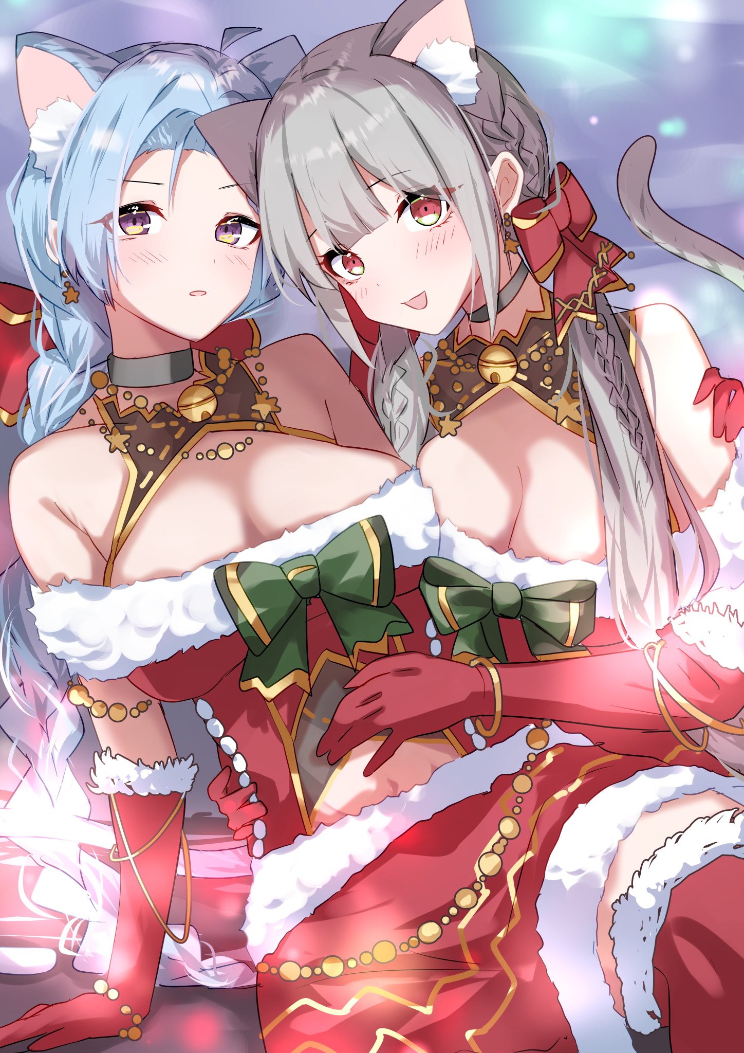 2girls adapted_costume ahoge alternate_hairstyle animal_ears arm_around_back arm_around_waist arm_at_side assault_lily asymmetrical_docking bare_shoulders bell black_choker blue_hair blunt_bangs blush bow bracelet braid braided_ponytail breast_press breasts cat_ears cat_girl cat_tail choker cleavage clothing_cutout commentary_request cowboy_shot dress dress_bow earrings elbow_gloves fujita_asagao fur-trimmed_dress fur-trimmed_thighhighs fur_trim gloves gradient_background green_bow grey_background grey_hair hair_bow hand_on_another's_arm hand_on_another's_stomach highres houji_tea_latte igusa_subaru jewelry jingle_bell kemonomimi_mode long_hair looking_at_viewer low_ponytail medium_breasts multiple_girls navel neck_bell necklace open_mouth parted_bangs parted_lips ponytail purple_eyes red_bow red_dress red_eyes red_gloves red_thighhighs santa_costume santa_dress side-by-side single_braid sitting sleeveless sleeveless_dress smile star_(symbol) star_earrings star_necklace stomach_cutout tail thighhighs twin_braids twintails v-shaped_eyebrows very_long_hair
